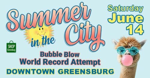 Summer in the City 2025 Image with a LLama blowing a bubble with chewing gum. June q14 